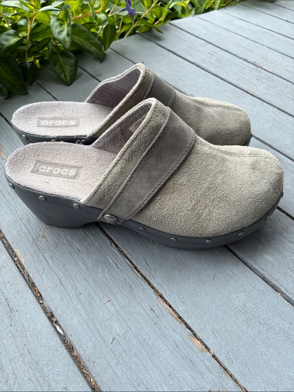 Crocs taupe grey cobbler studded suede clogs, size 9.